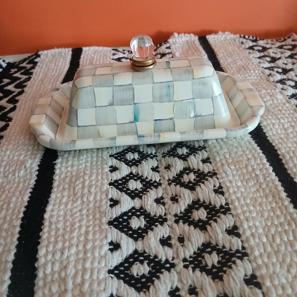 MacKenzie-Childs Sterling Check Butter Dish with Crystal Knob